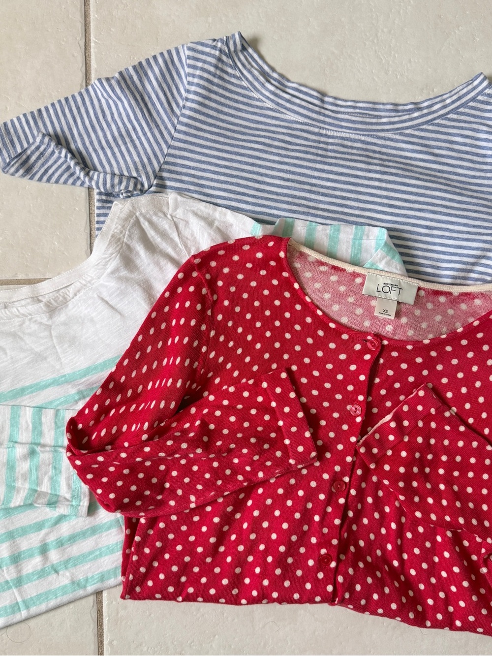 LOFT Women’s Shirt Bundle Red Polka Dot Cardigan Blue Stripe Teal White XS